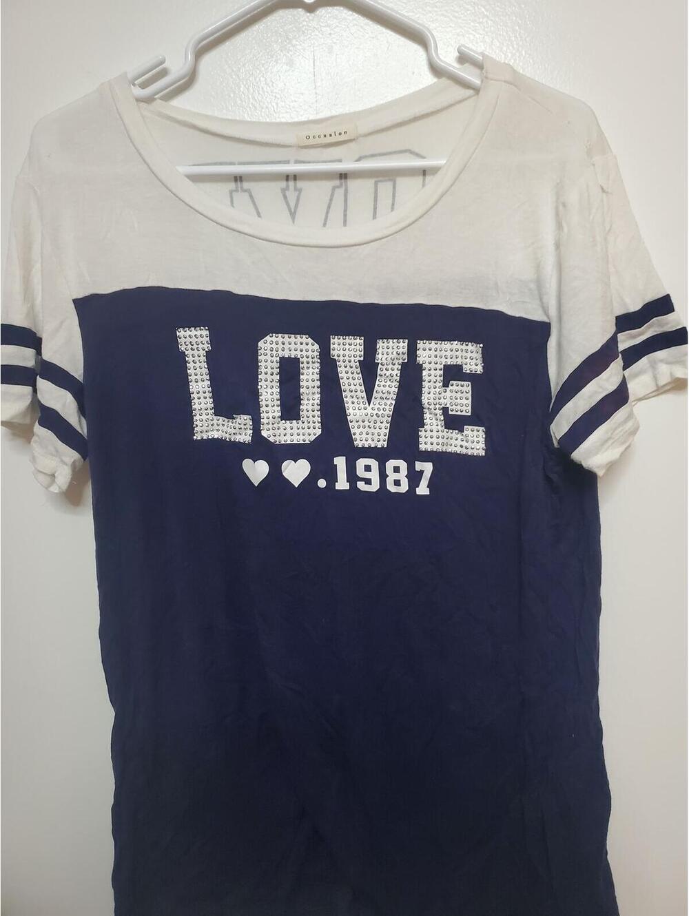 Occasion Women's LOVE 1987 Short Sleeve T-Shirt Navy and White